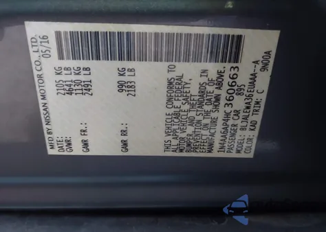 2017 Nissan Maxima 3.5 Sl z USA, uszkodzony, nr VIN 1N4AA6AP4HC360663